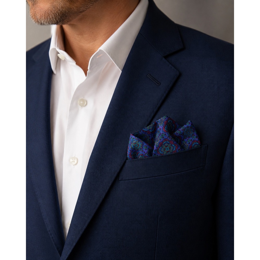 Mens Silk Pocket Square Purple Teal Medallion Floral Formal Suit Accessory 12x12